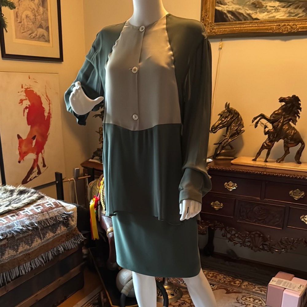 Giorgio Armani Cream and Green Sheath Dress Long Sleeve